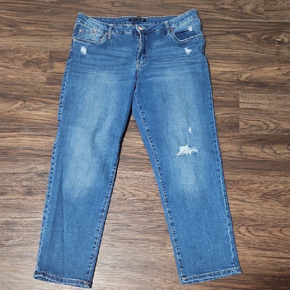 Truth + Theory Distressed Slim Straight Jeans Size 14 Medium Wash